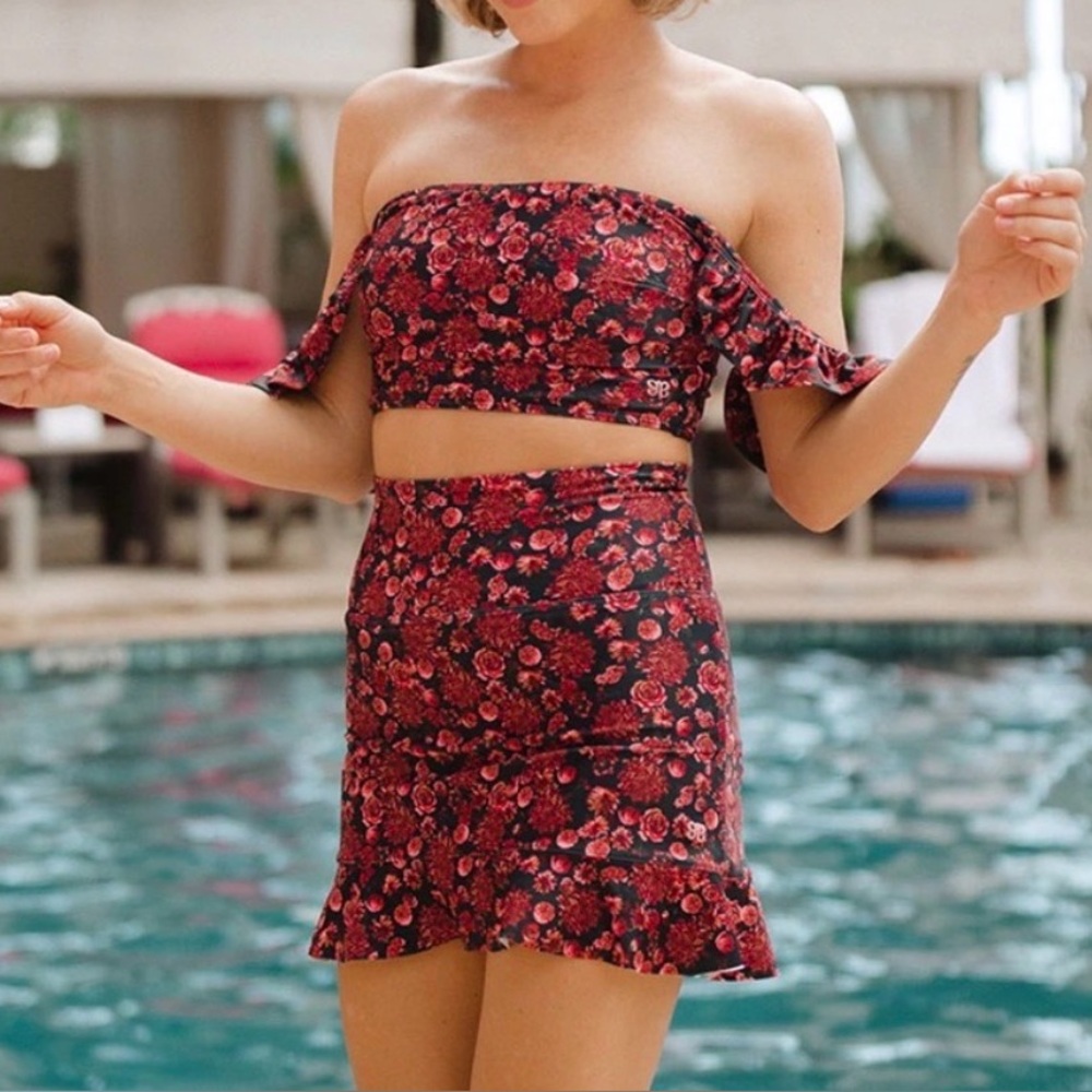 Albion Floral Off-Shoulder Swim Set - Pinkish Red and Black